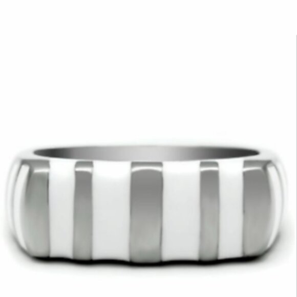 Stainless Steel Cocktail Ring Size 6 7 9 10 Silver White Enamel Stripes Band - Picture 5 of 8